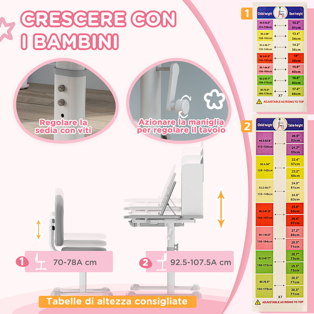 Adjustable Children's Desk and Chair Set, School Desk with Tiltable Top, Drawer, Shelf, Grey