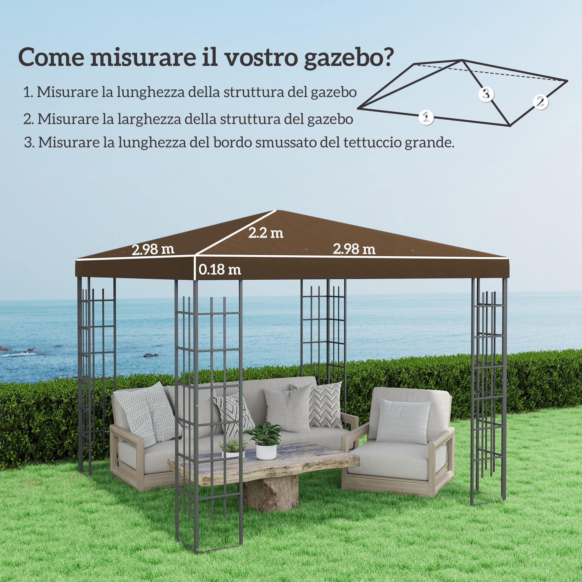 3x3 m 600D Oxford Fabric Garden Gazebo Cover with Drainage Holes, Brown