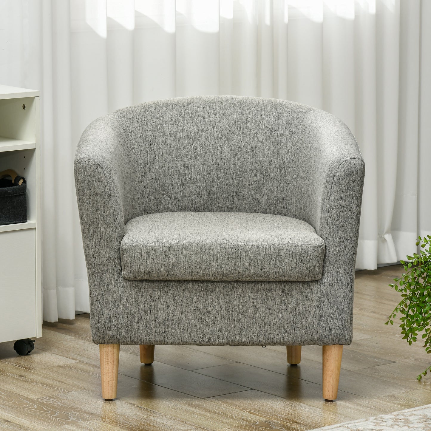 Modern Tub Chair in Linen Effect Fabric with Wooden Legs, 74x63x73cm, Grey