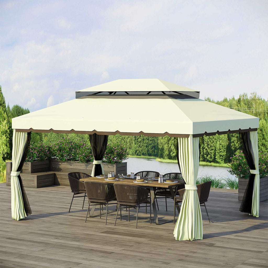 Outsunny 4x3m Garden Gazebo with Mosquito Net and Curtains, Double Roof and Anti-UV Coating, Cream