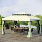 Outsunny 4x3m Garden Gazebo with Mosquito Net and Curtains, Double Roof and Anti-UV Coating, Cream