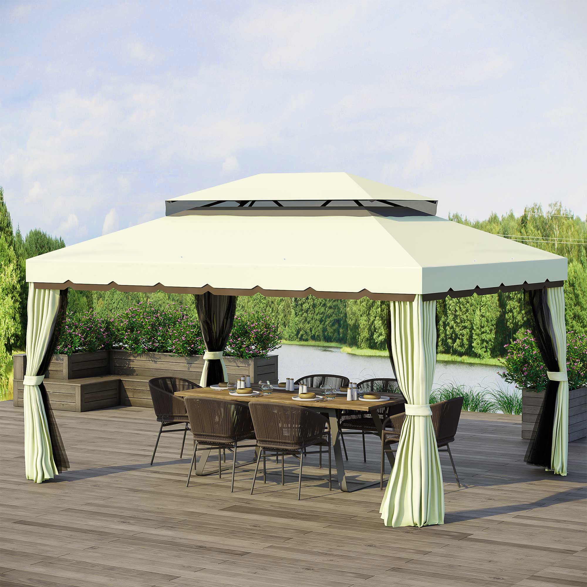 Outsunny 4x3m Garden Gazebo with Mosquito Net and Curtains, Double Roof and Anti-UV Coating, Cream