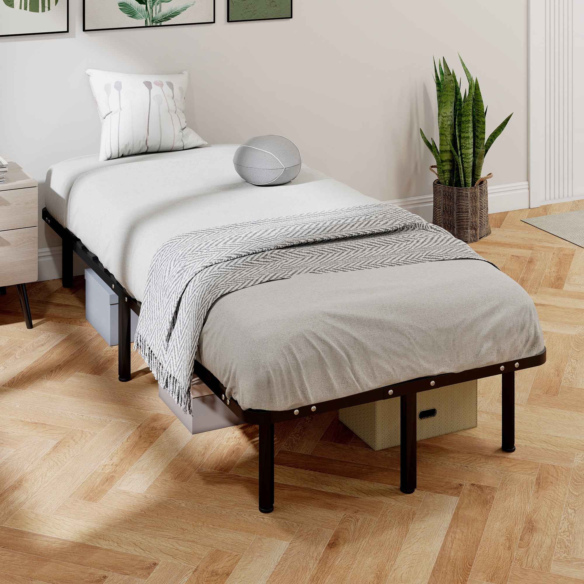 HOMCOM Industrial Bed Frame with 28 Slats and Storage Space, in Wood and Steel, 190x90x31 cm, Black and Wood