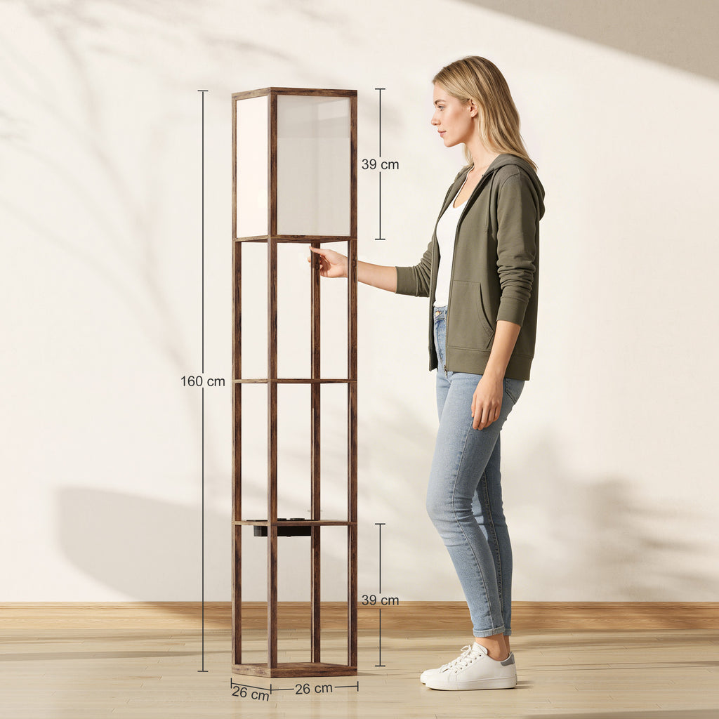 Floor Lamp with Shelves, Dimmable Light, Foot Switch and USB Ports, Brown