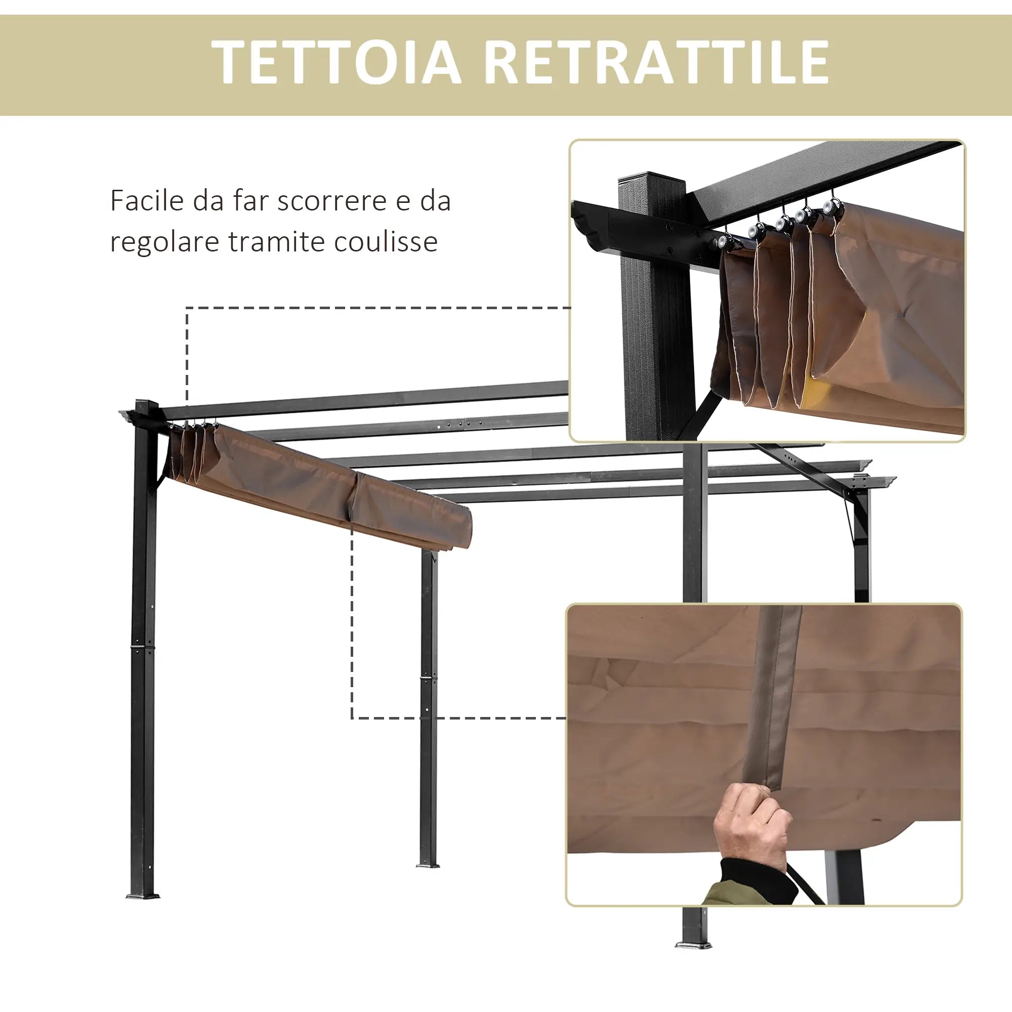 DAISY | Gazebo Garden Pergola 3x4m with Polyester Fabric and Aluminum Frame, Gray and Brown