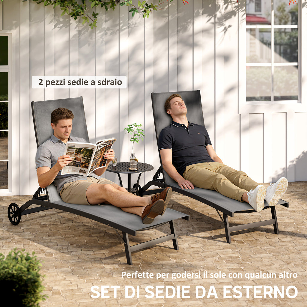 Outsunny Set of 2 Sun Loungers with Reclining Backrest, in Aluminum and Breathable Fabric, 66x165x102 cm, Dark Gray