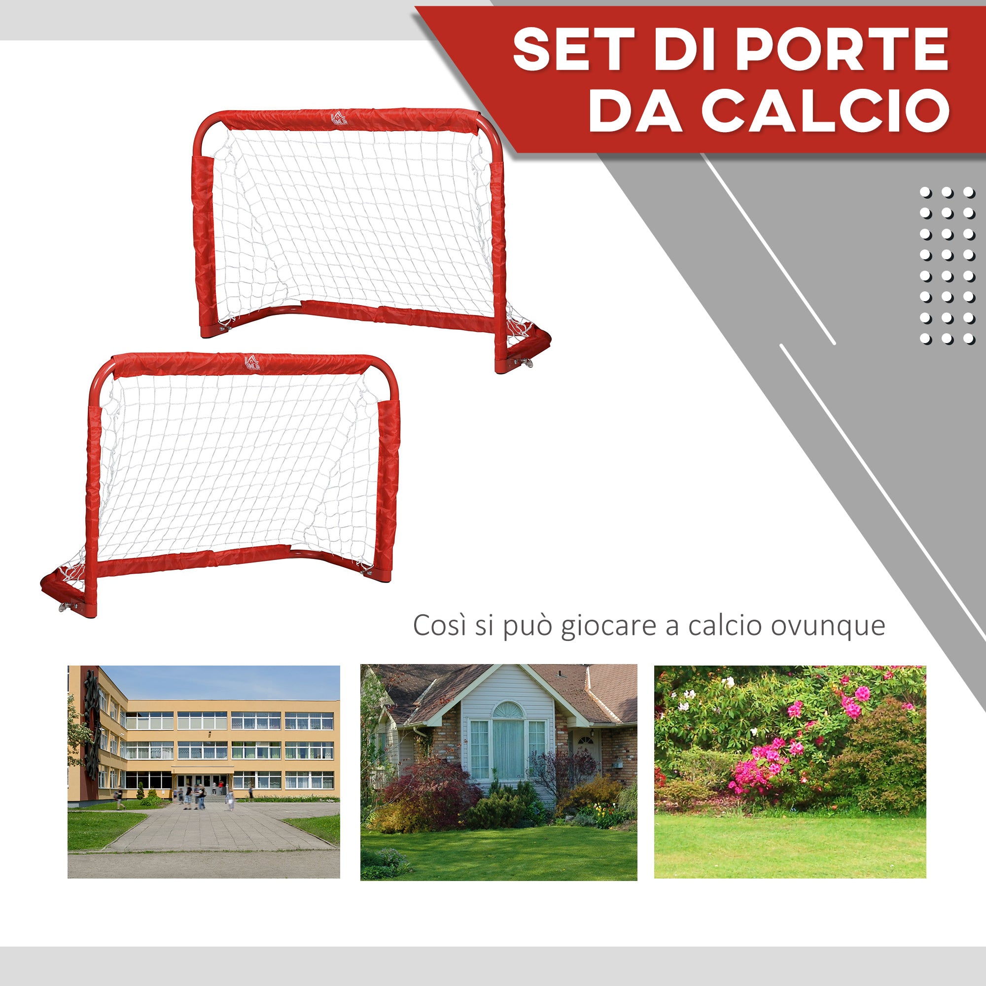 Set of 2 Folding Outdoor Football Goals with 4 Pegs, Steel and Tetrolon, 90x36x60 cm, Red