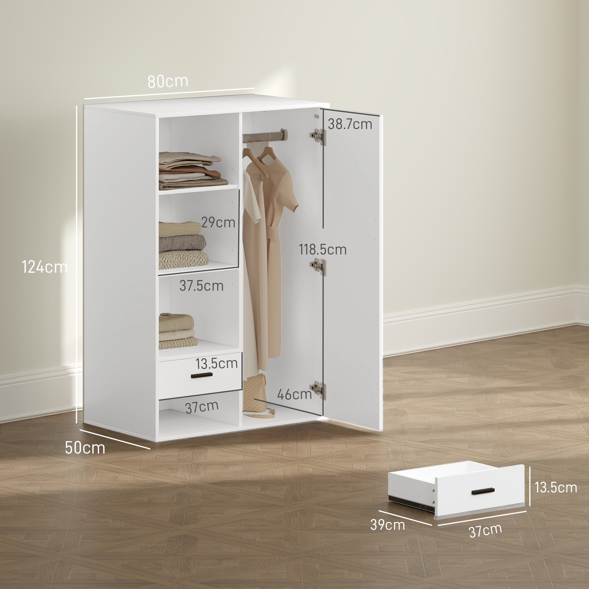Modern Wardrobe with 2 Drawers, Open Shelves and Hanging Space, 80x50x124 cm, White