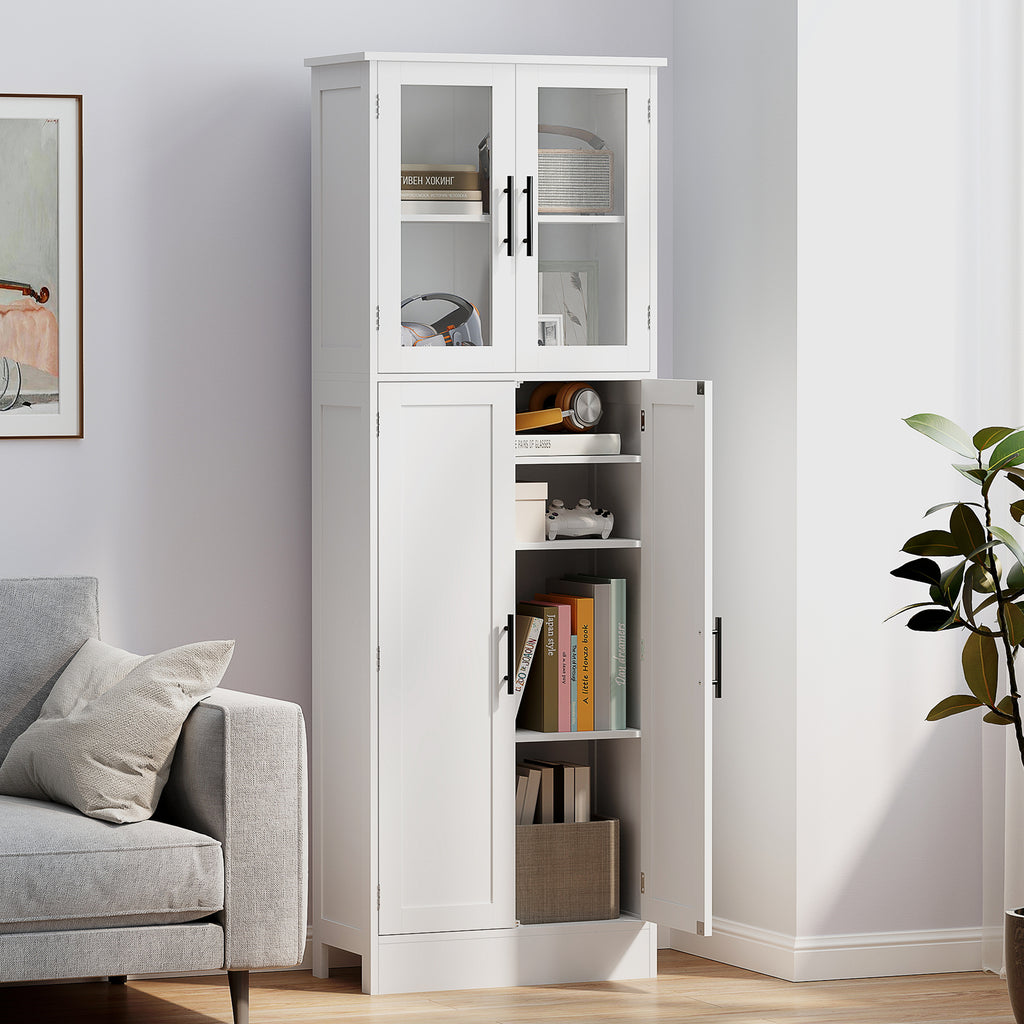 Tall Bathroom Cabinet with Adjustable Shelves, Glass and Wood Doors, 60x30x170 cm, White