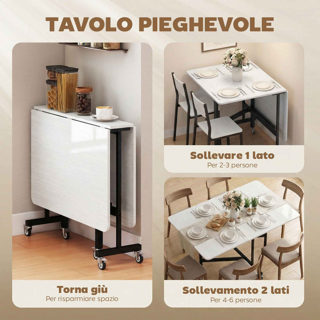 HOMCOM Folding Table for 4-6 People with 2 Flaps and Wheels with Brakes, 120x80x73 cm, White Wood