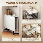 HOMCOM Folding Table for 4-6 People with 2 Flaps and Wheels with Brakes, 120x80x73 cm, White Wood