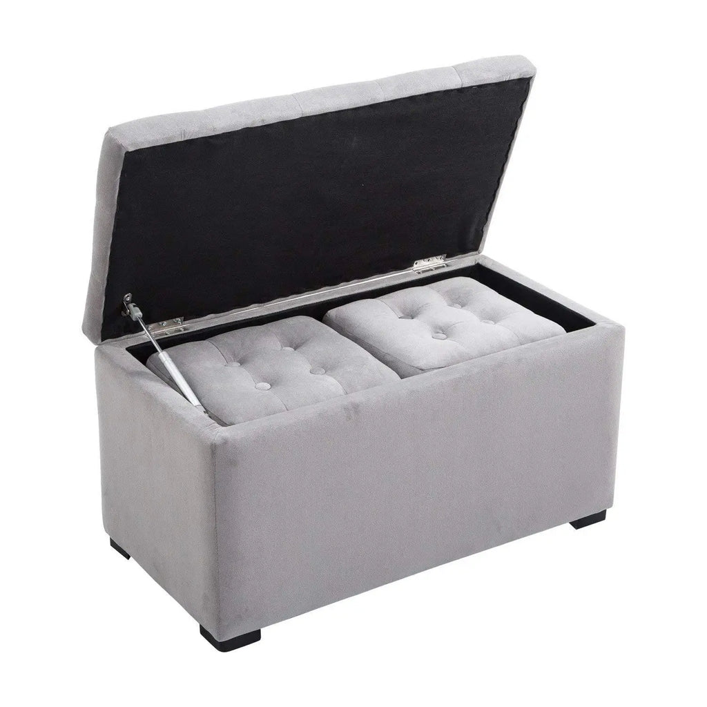 3 Piece Storage Bench Set with 2 Velvet Ottoman Stools, Pearl Grey