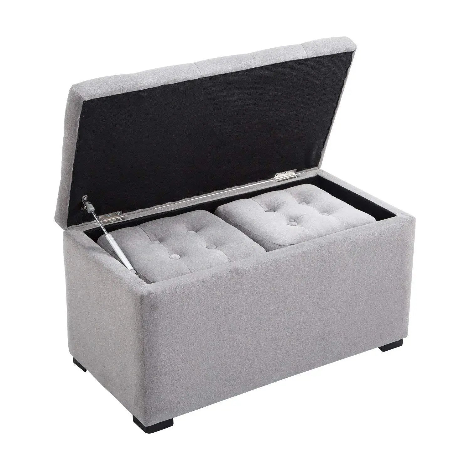 3 Piece Storage Bench Set with 2 Velvet Ottoman Stools, Pearl Grey