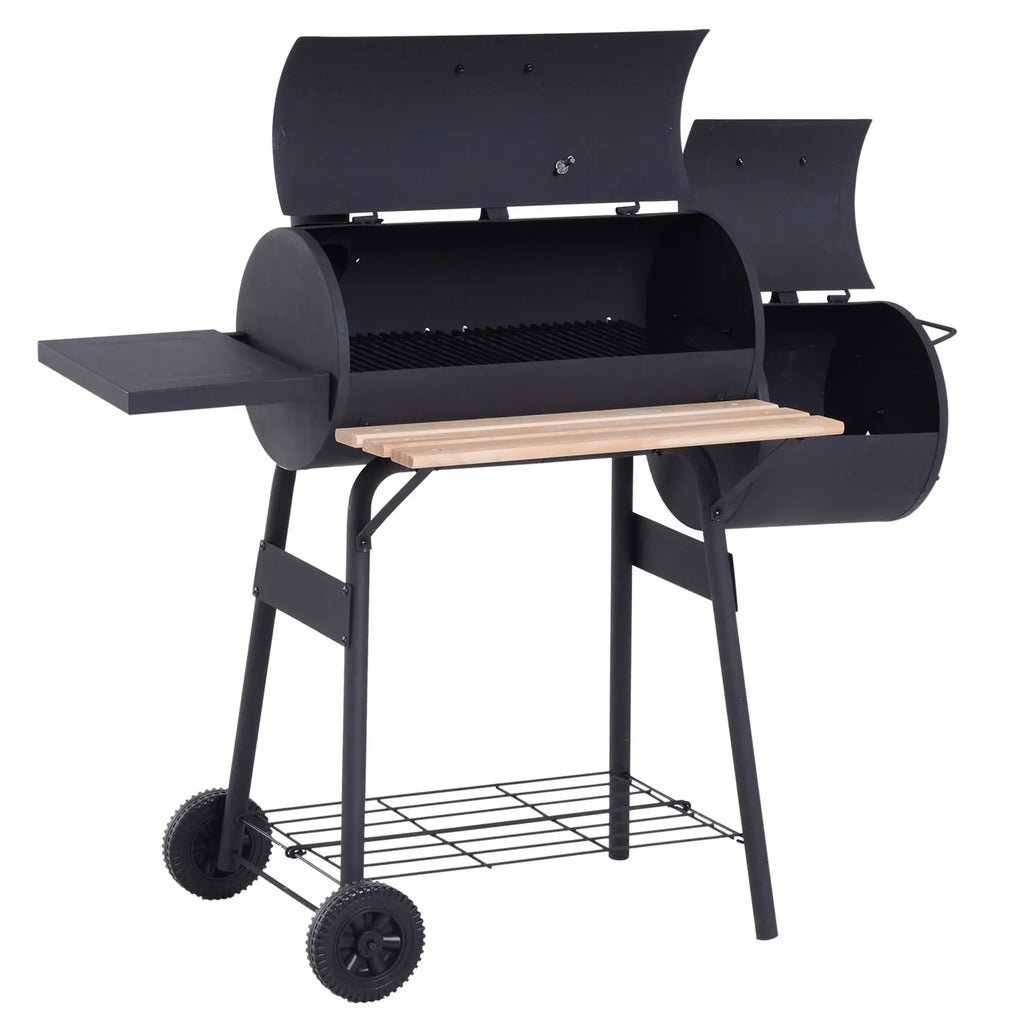 Charcoal Barbecue with Lid and Smoker, Garden BBQ with Shelves and Wheels 124x53x104 cm, Black - Borge' Group Limited