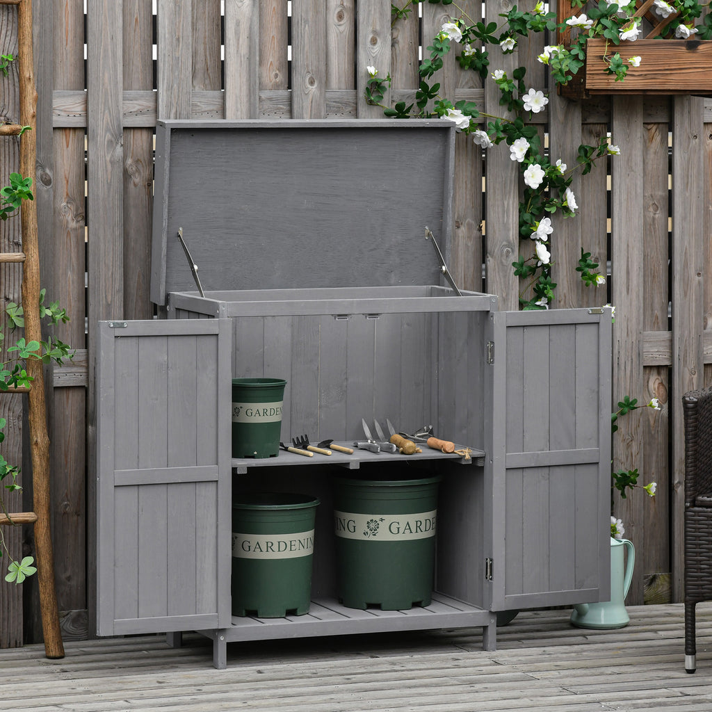 Outsunny garden wardrobe with 2 fir wood shelves with opening roof, 74x43x88 cm, dark gray - Borgè