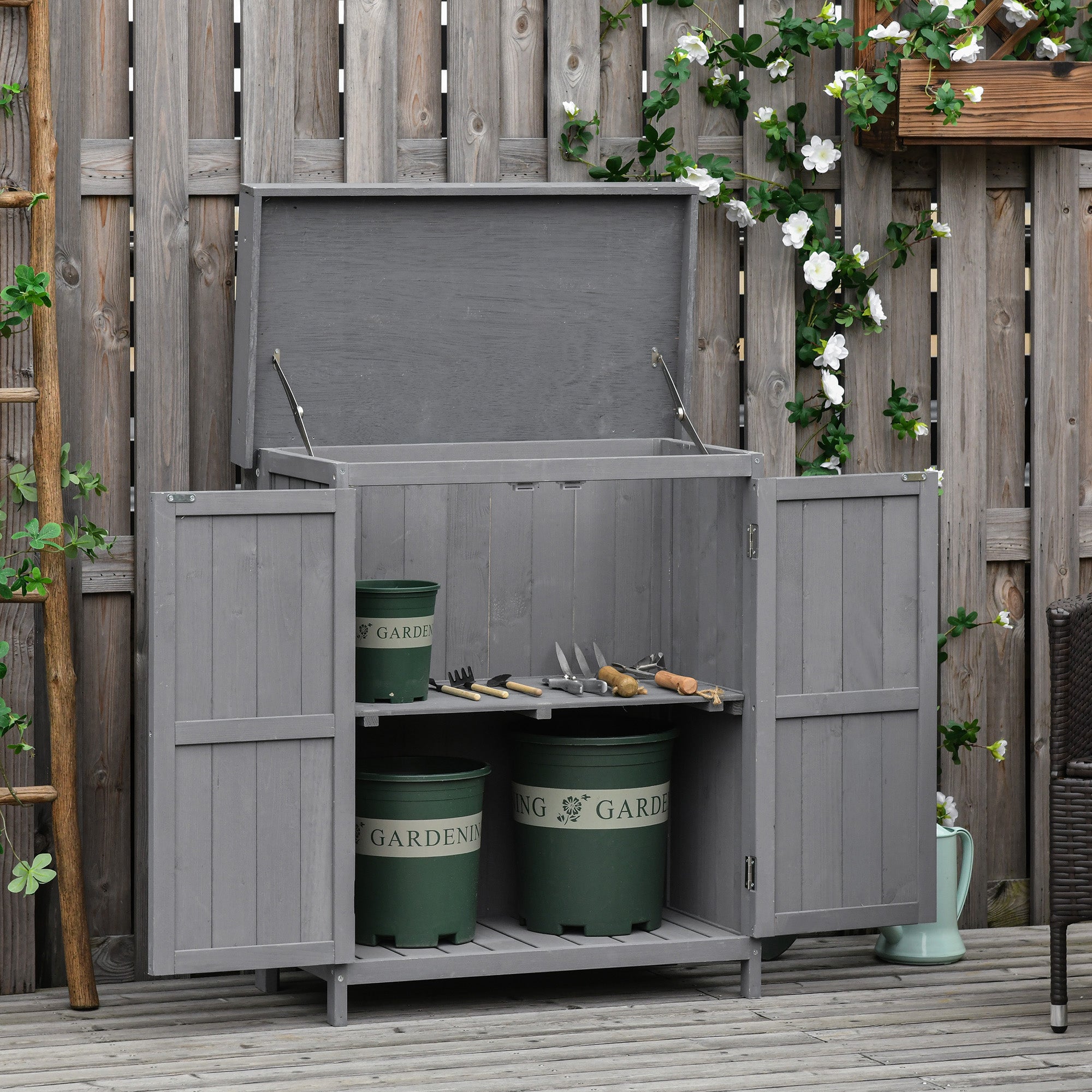 Outsunny garden wardrobe with 2 fir wood shelves with opening roof, 74x43x88 cm, dark gray - Borgè