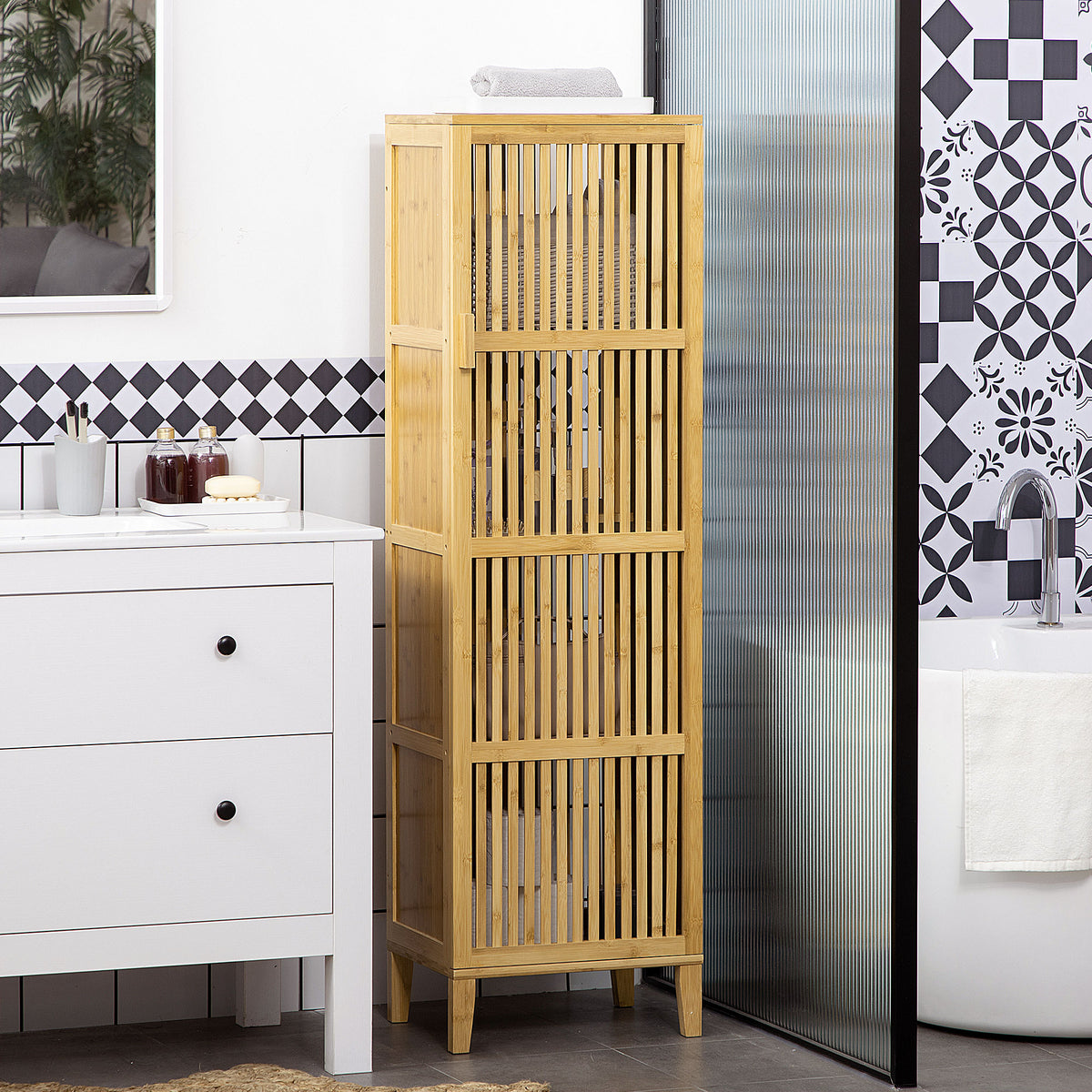 HOMCOM Narrow Bamboo Bathroom Cabinet, Space-Saving Bathroom Cabinet with 4 Shelves and Slatted Door, 40x30x140 cm, Natural
