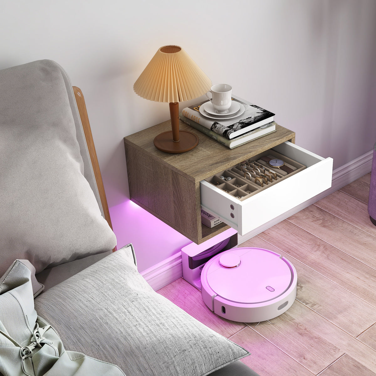 HOMCOM Set of 2 Wall-Mounted Bedside Tables with Built-in RGB LED Lights, Adjustable via APP, Drawer and Shelf, 37x32x21 cm, White Wood Color