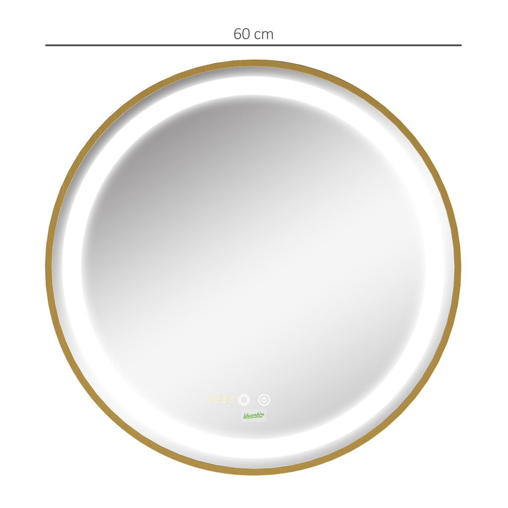 Bathroom Mirror with LED Light, 3-Tone Adjustable Brightness and Memory Function, Ø60 cm, Gold