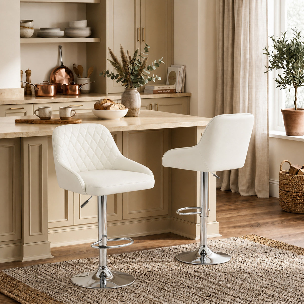 HOMCOM Set of 2 Swivel and Height-Adjustable Bar Stools with Backrest, Faux Leather, White