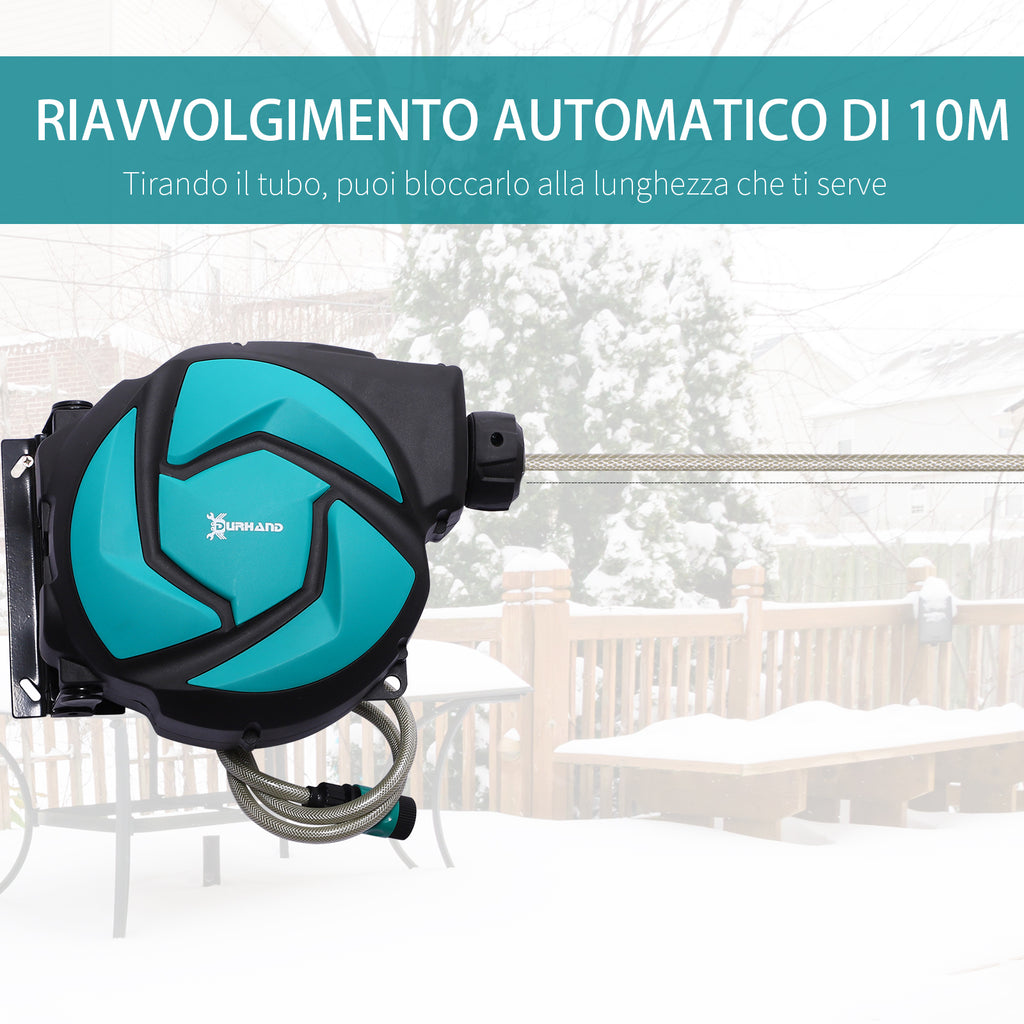 DURHAND Automatic Wall-Mounted Hose Reel with 10m Hose, Made of Plastic and PP, 28x14x34cm, Black and Blue