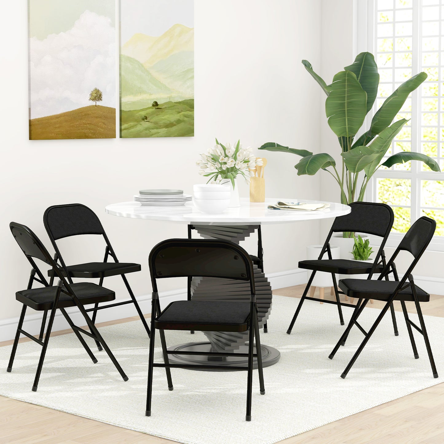 Set of 6 Folding Chairs with Polyester Padded Seat and Steel Frame, Black