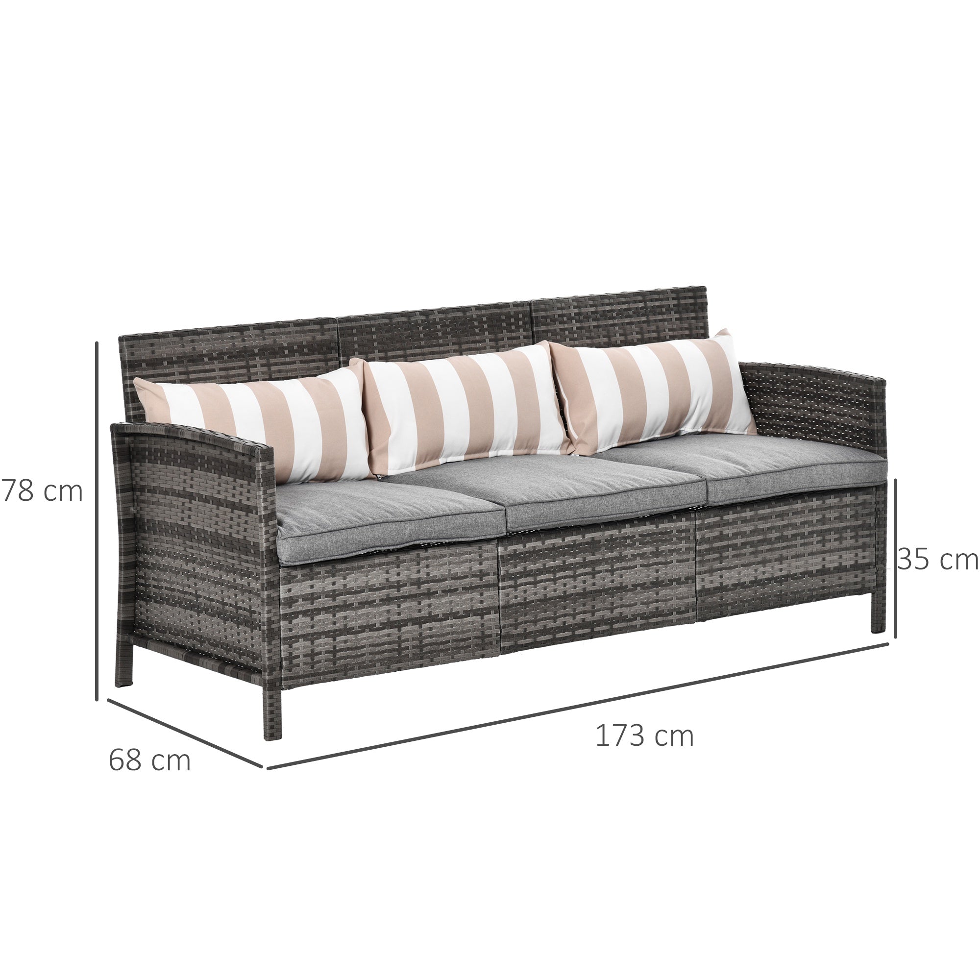 Outsunny 3 sofa outdoor sofa in rattan (PE) with padded and removable cushions, garden/terrace, 173x68x78cm - Borgè