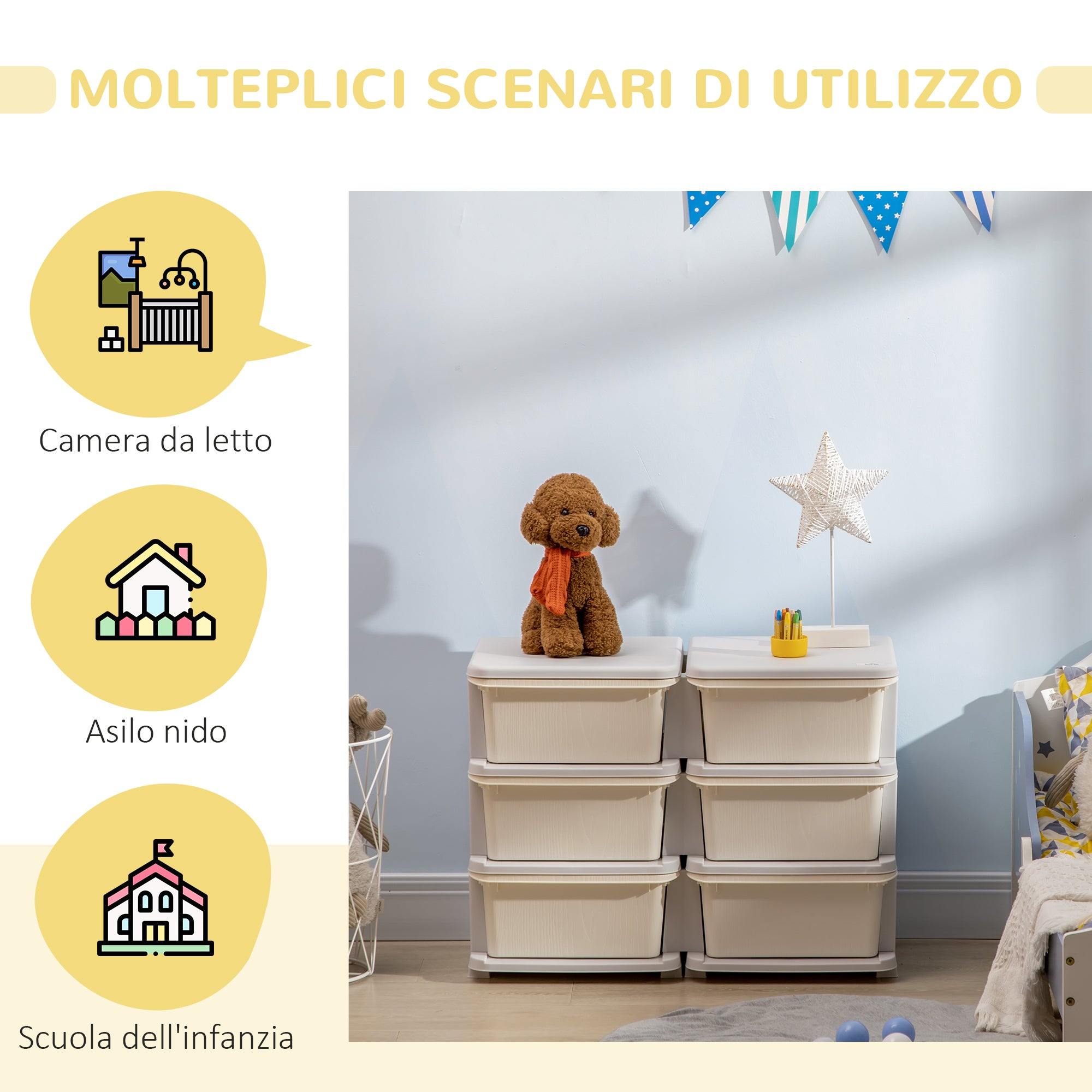 6-Drawer Children's Chest of Drawers for 3-6 Years Old with Rounded Edges, in PP Cream White, 75x37x56.5 cm