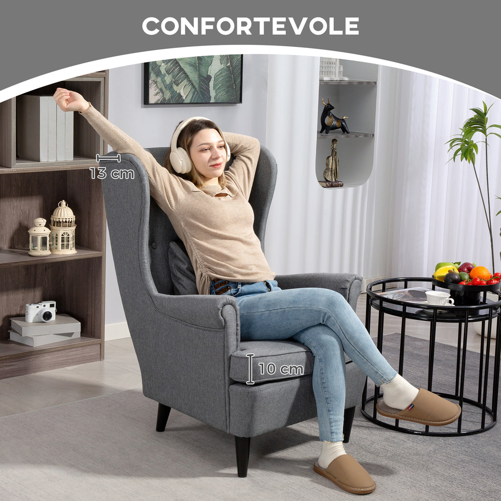 Fabric Living Room Armchair with Footstool, High Backrest and Cushion, 75x83x104 cm, Grey