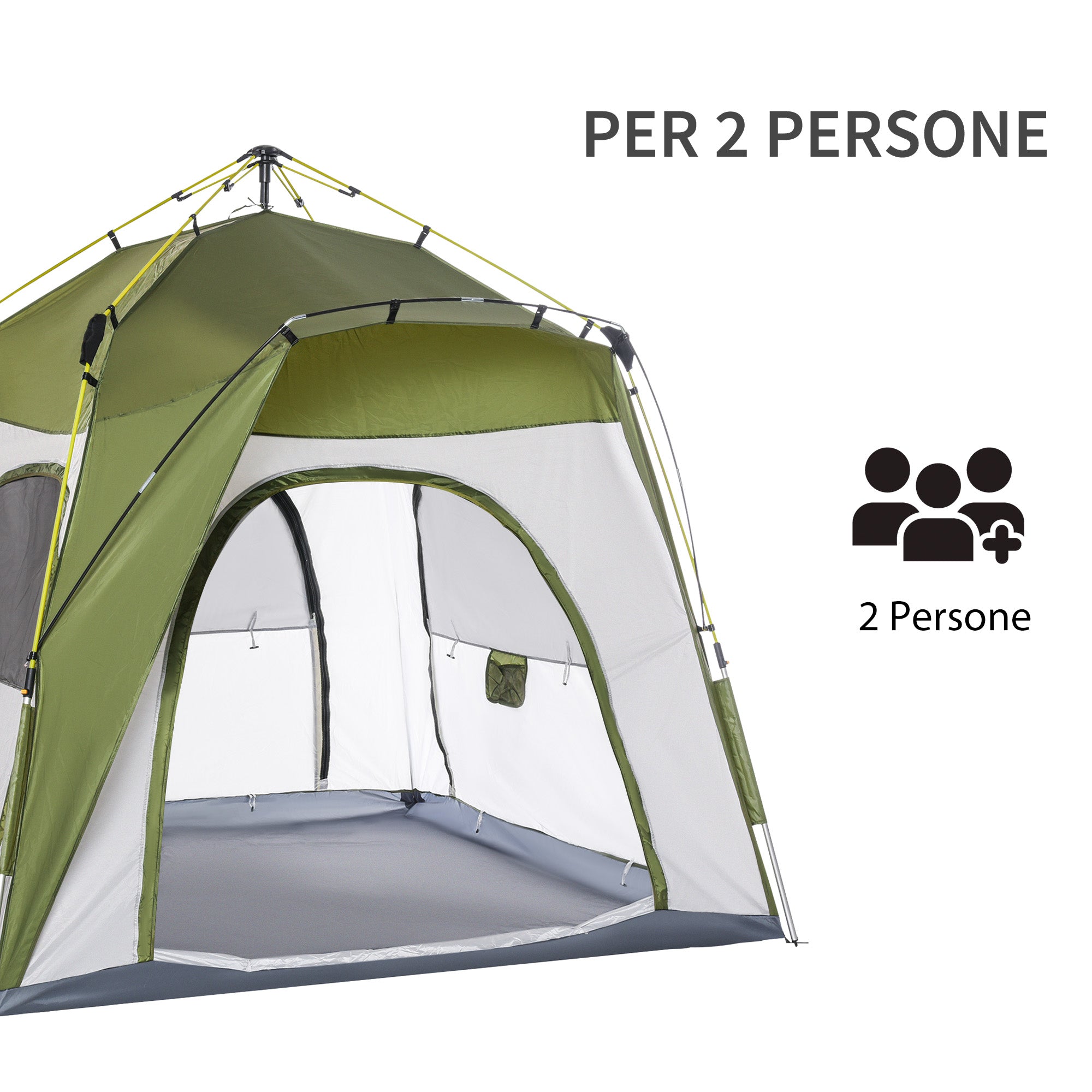 2-Person Pop-Up Camping Tent with Zippered Door and 3 Windows, 240x240x199 cm, Green