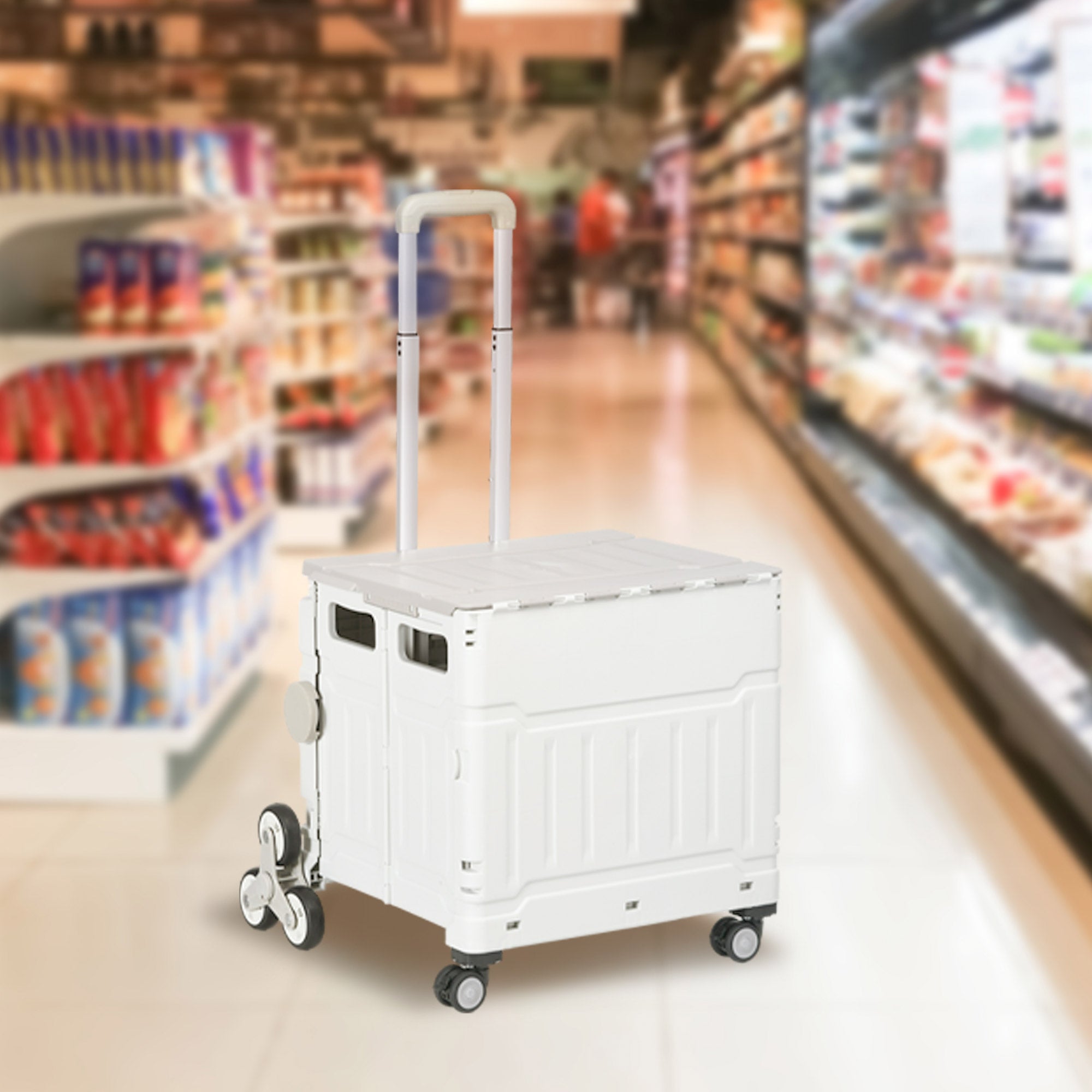 HOMCOM Folding Shopping Cart, Aluminum Trolley, Stair-Climbing Wheels, White