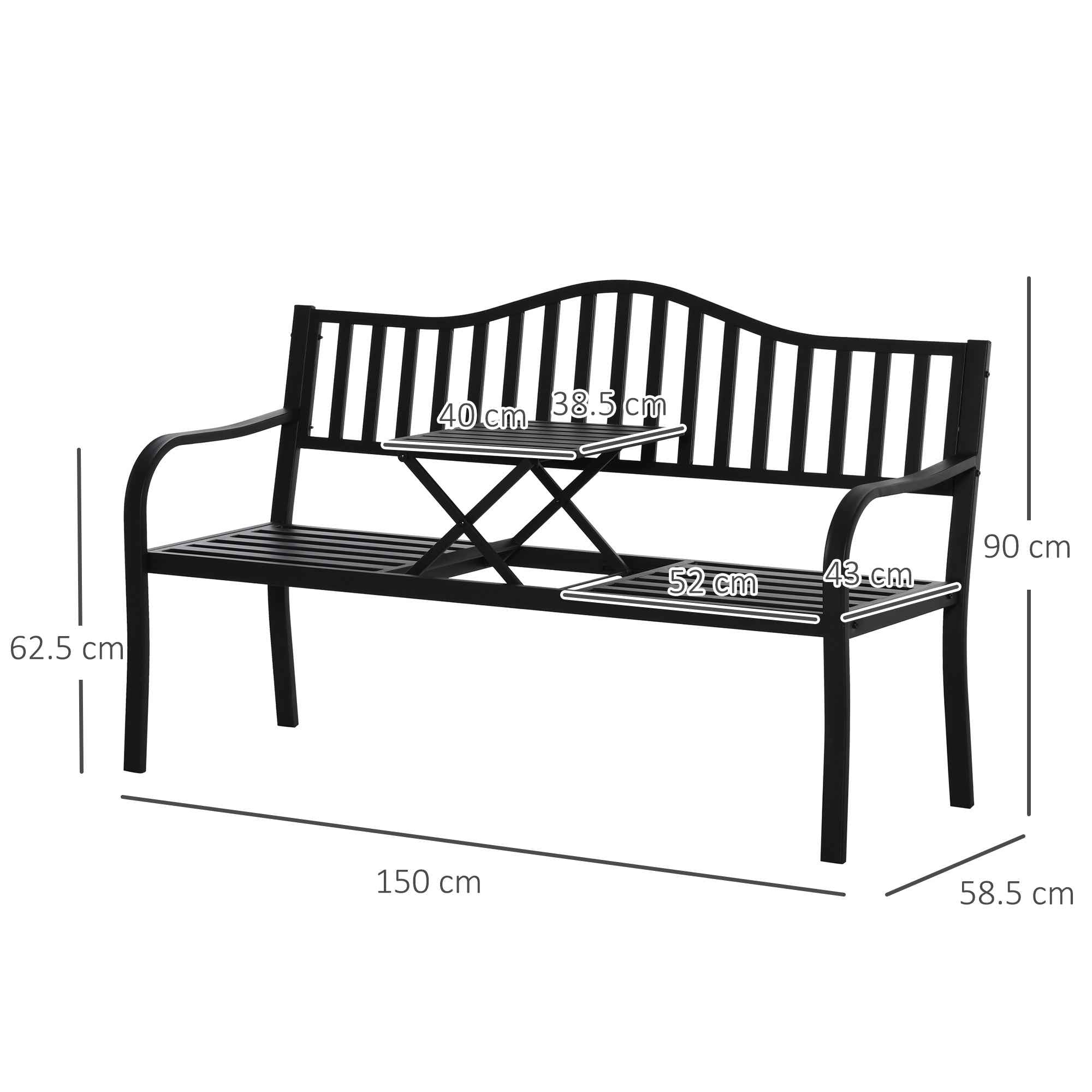 Outsunny 2-3 Seater Garden Bench with Lift-Up Metal Table, 150x58.5x90cm, Black