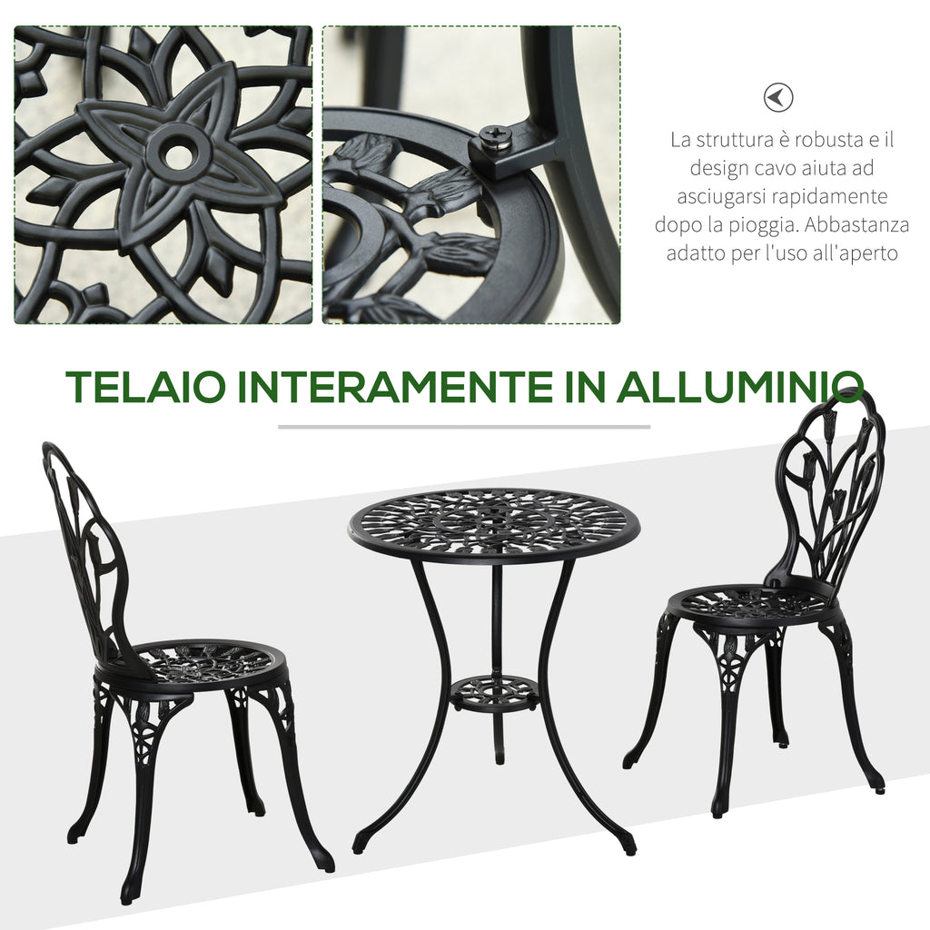 Garden Set : 3-Piece Aluminum Garden Set with 2 Chairs 42.5x47.5x89 cm and Round Coffee Table Ø60x67 cm, Black - Borgè