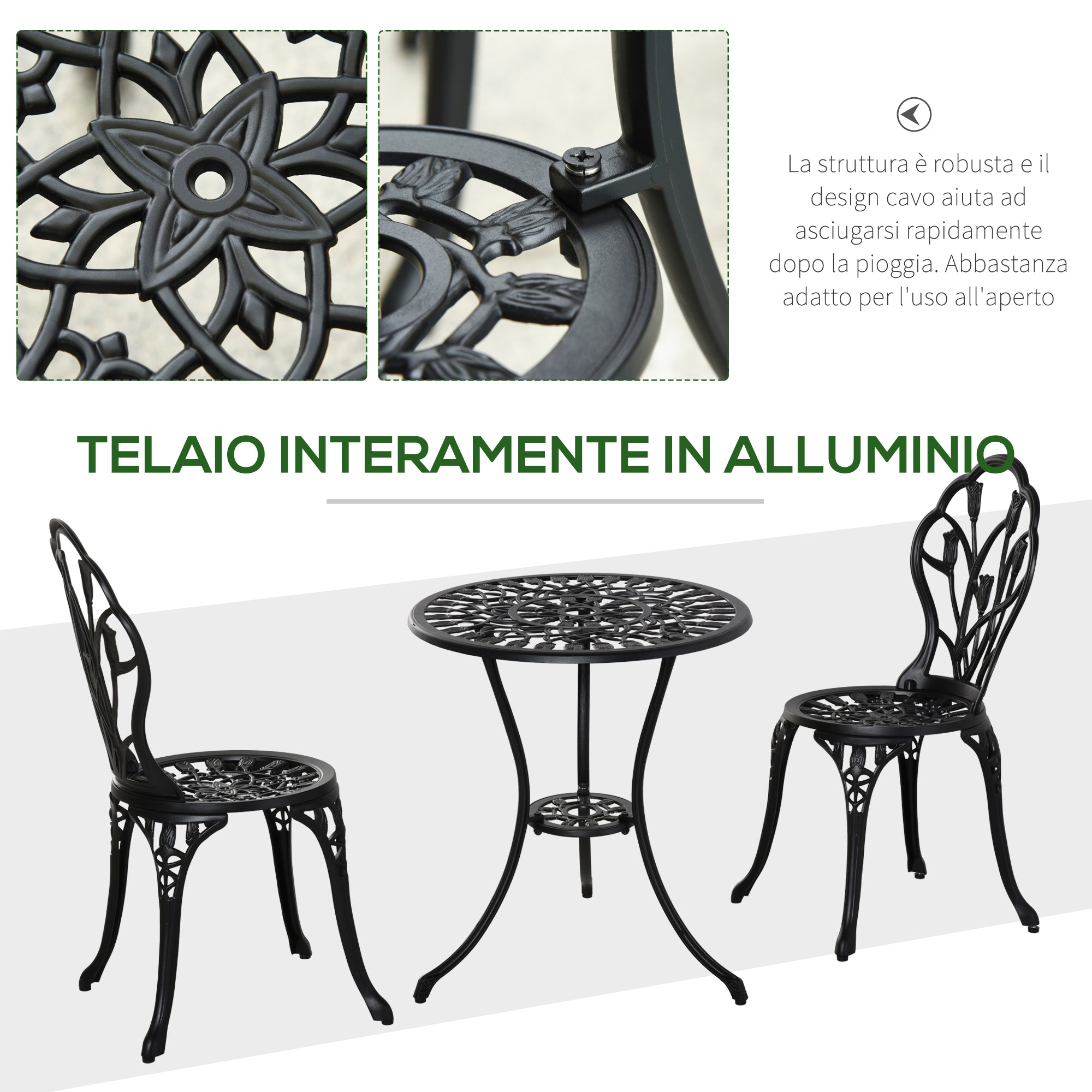 Garden Set : 3-Piece Aluminum Garden Set with 2 Chairs 42.5x47.5x89 cm and Round Coffee Table Ø60x67 cm, Black - Borgè
