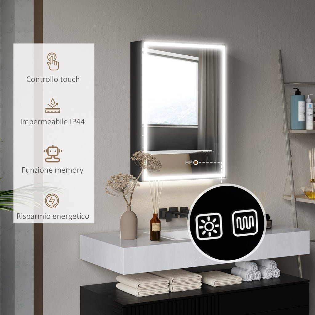 Bathroom Cabinet with Mirror, Adjustable LED Lights and Anti-Fog Function, Black