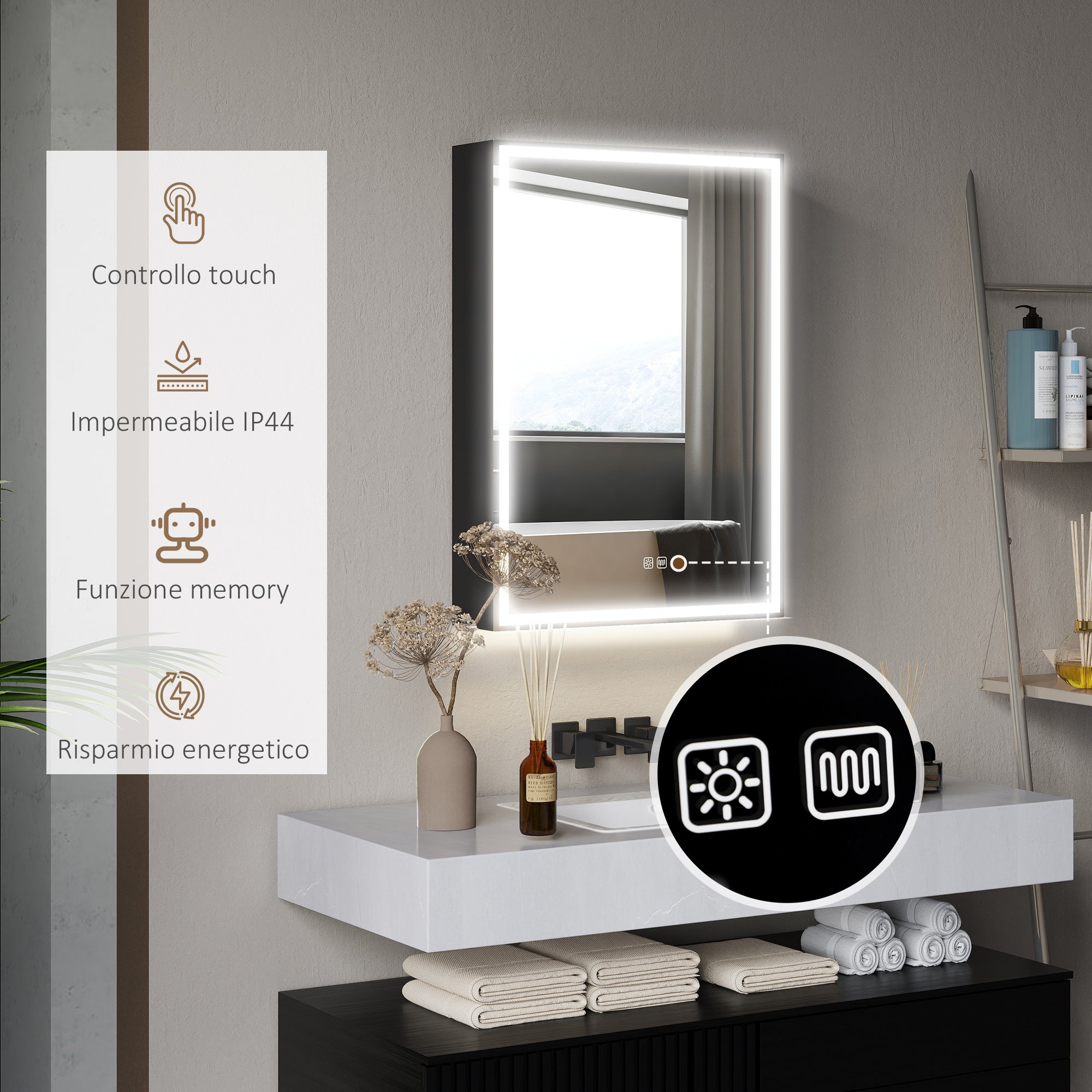 Bathroom Cabinet with Mirror, Adjustable LED Lights and Anti-Fog Function, Black