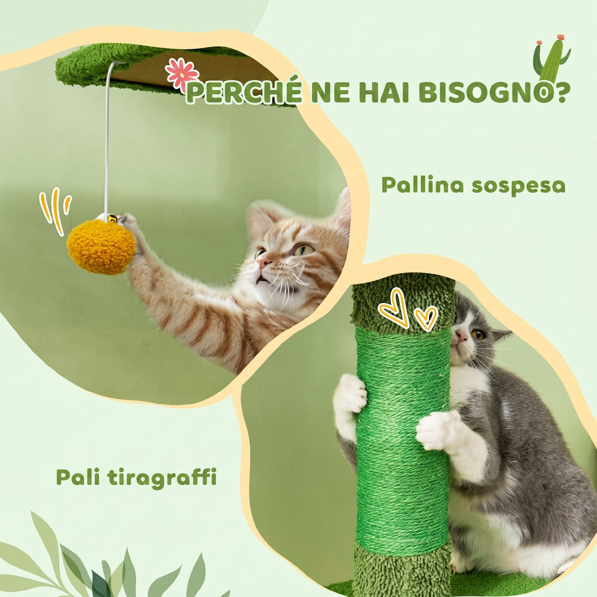 PawHut Cat Tree, 5 kg, 230-275 cm Ceiling Height, with Hammock, House, Platforms, Green