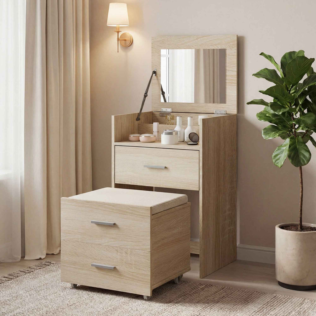 Dressing Table with Folding Mirror, Drawers and Stool, in Wood and Linen Effect Fabric, Wood Color