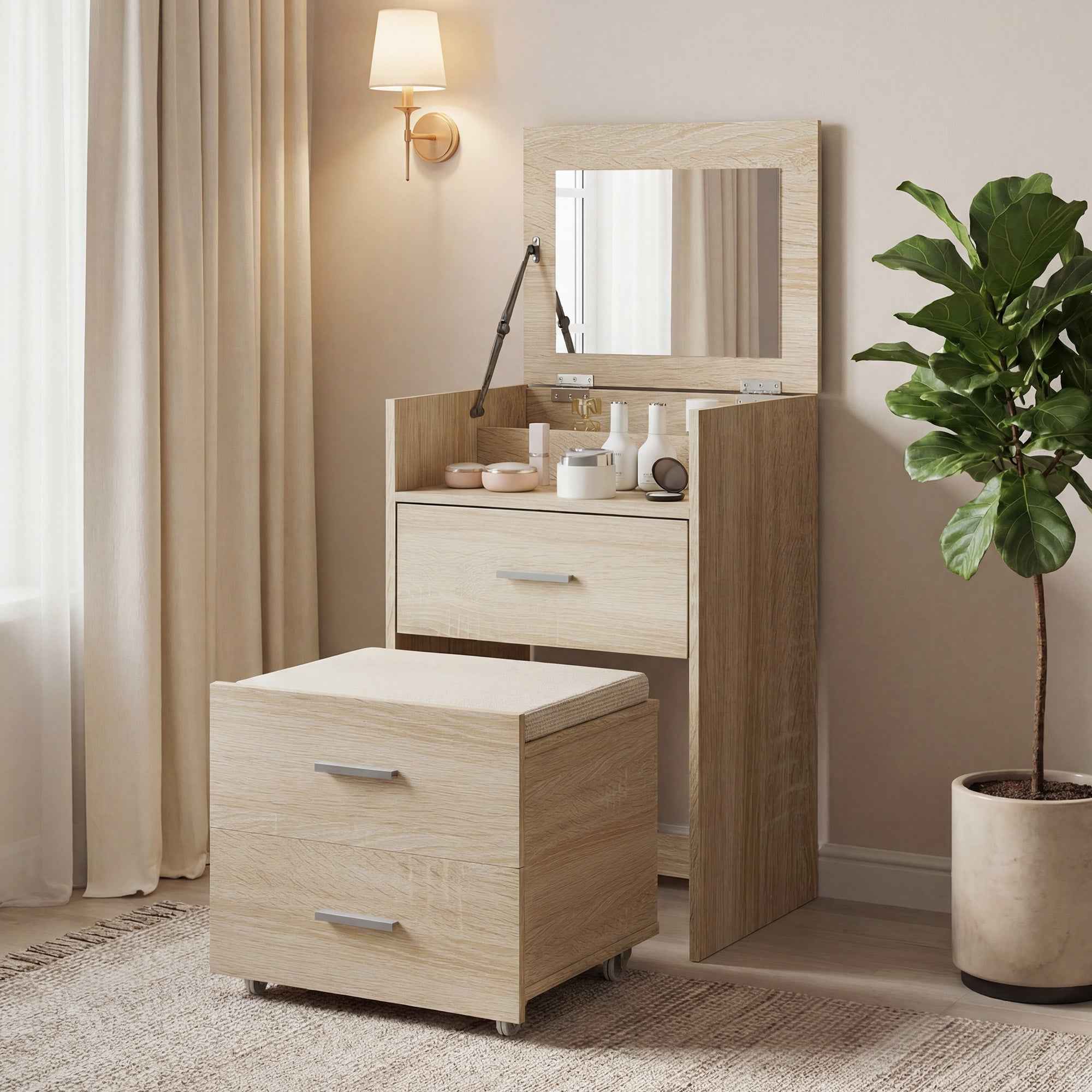 Dressing Table with Folding Mirror, Drawers and Stool, in Wood and Linen Effect Fabric, Wood Color