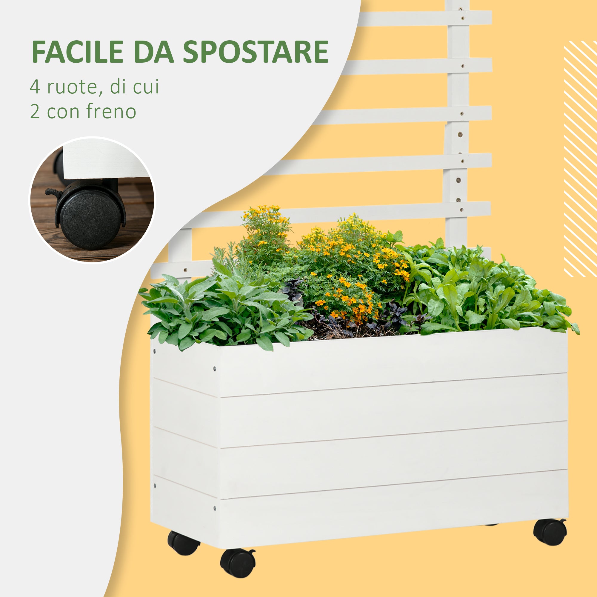 Vertical Planter with 4 Wheels and Wooden Trellis for Climbing Plants, 76x30x155cm, White