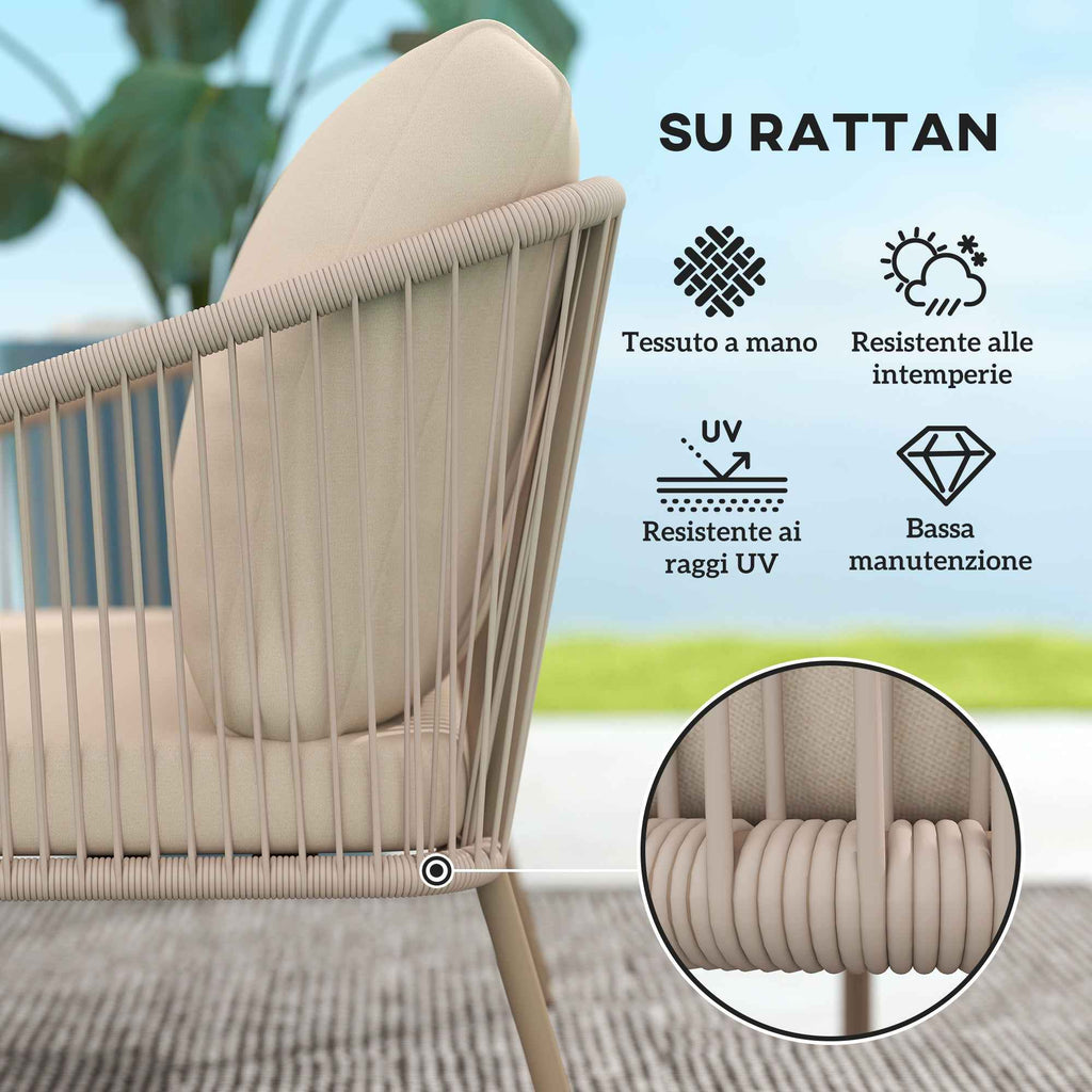 Outsunny 2-Seater Boho Style Garden Sofa in PE Rattan and Steel with Cushions, 112x72x76, Beige