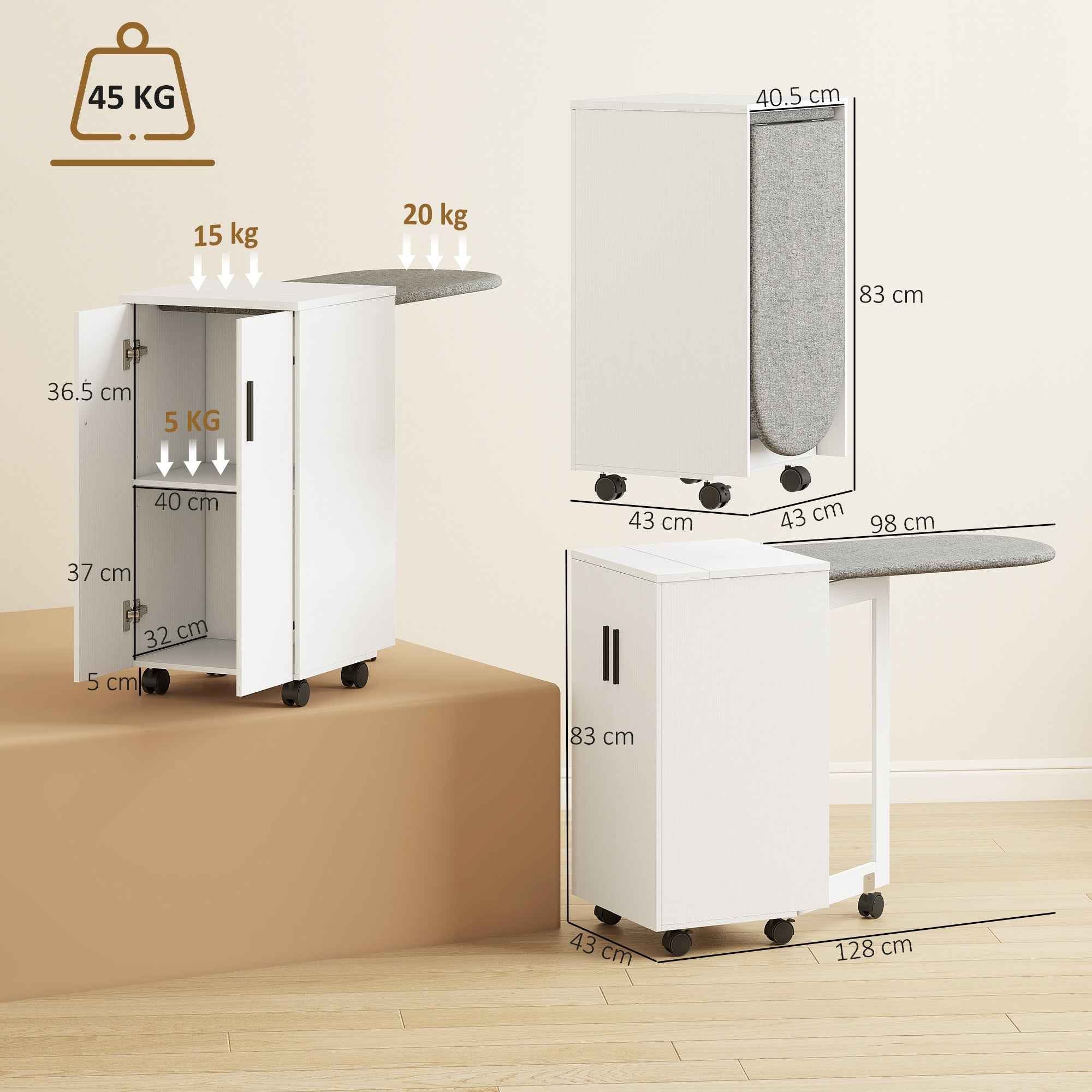 HOMCOM Folding Ironing Board with Wheels, Adjustable Shelf, Soft Close, Wood and Fabric, 128x43x83 cm, White