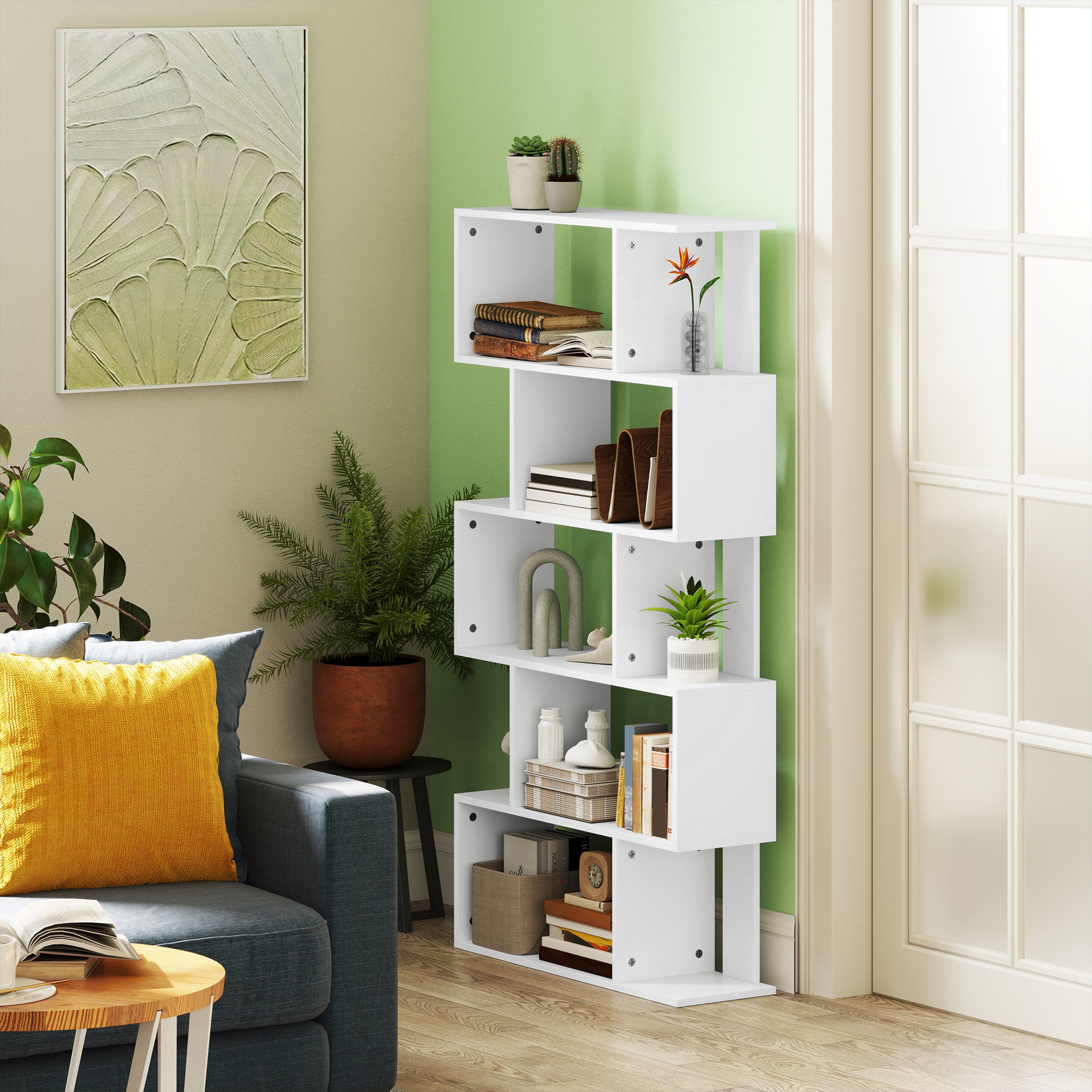 5-Tier S-Shaped Asymmetric Bookcase with 10 Open Shelves, Wooden, 80x24x159 cm, White