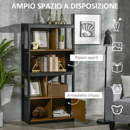 Bookcase Cabinet 4 Open Levels with Cabinet, in Chipboard and MDF, 76.5x30x150 cm, Brown and Black