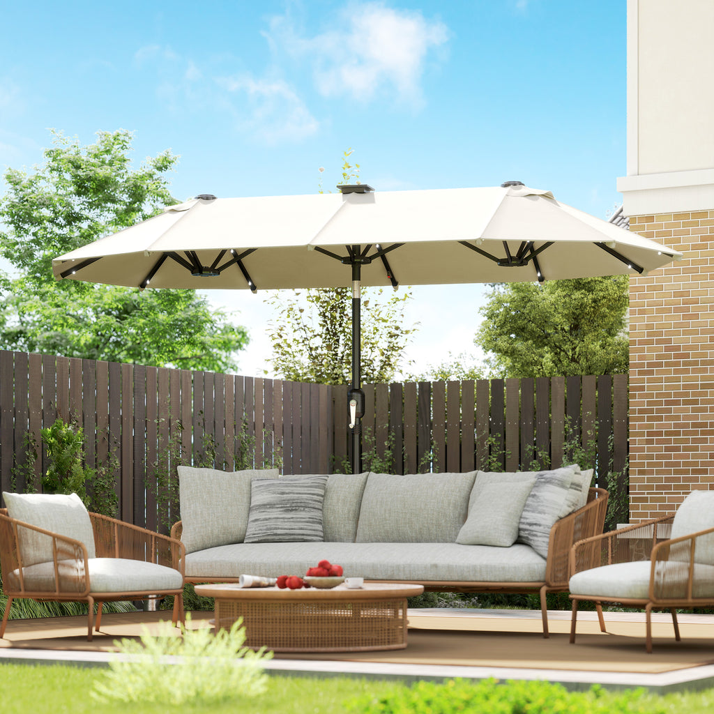 Outsunny Double Umbrella with LED Lights and Crank Handle, in Polyester and Steel, 2.92 x 1.5 x 2.2 m, Beige