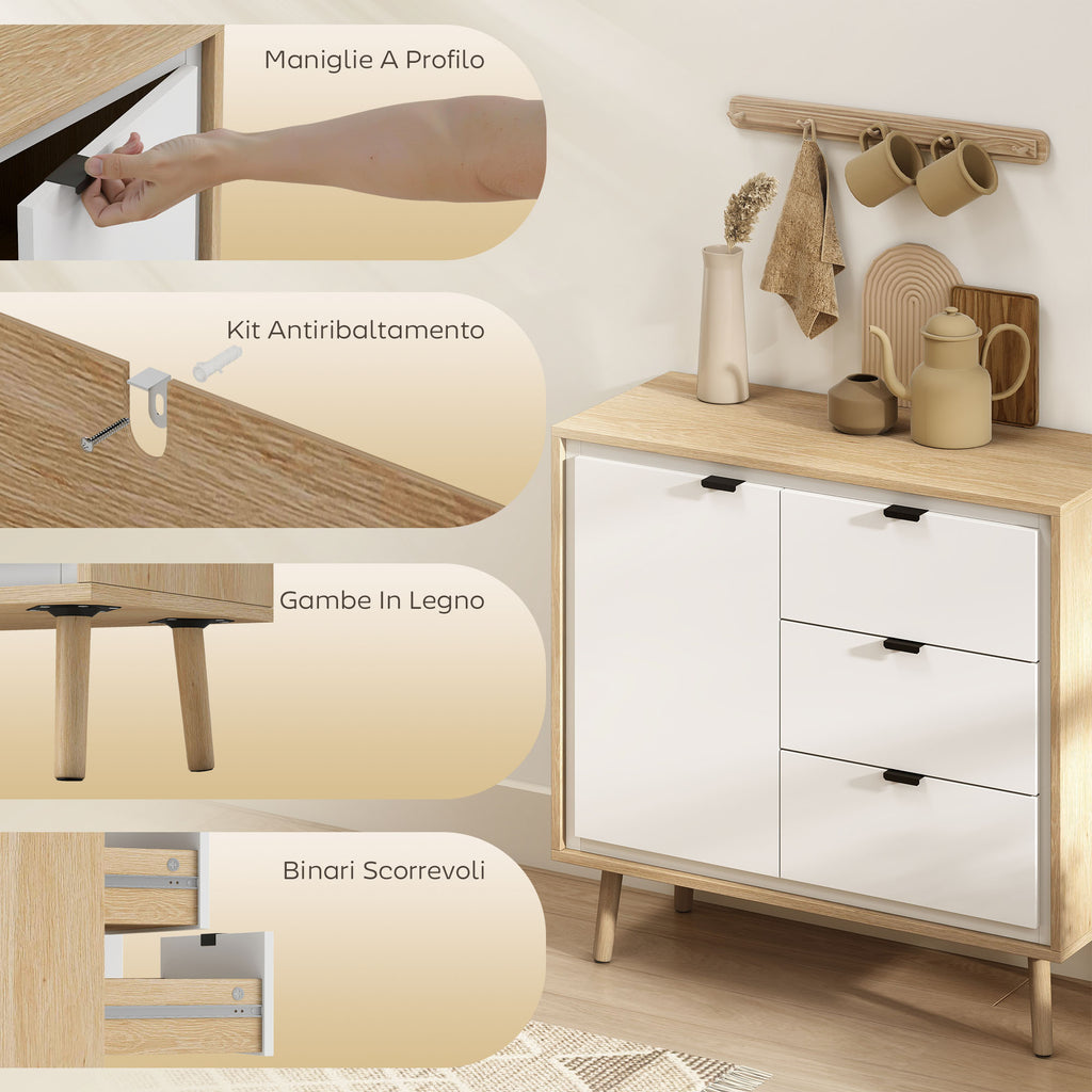 Modern Sideboard with 3 Drawers and Cabinet, Adjustable Internal Shelf and Glossy Doors, White and Oak