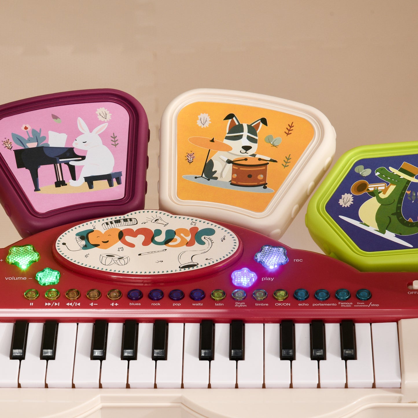 Piano for Children 3-6 Years with Stool, Microphone, Drum and Drumsticks, in PP and ABS, 74x32.2x71 cm