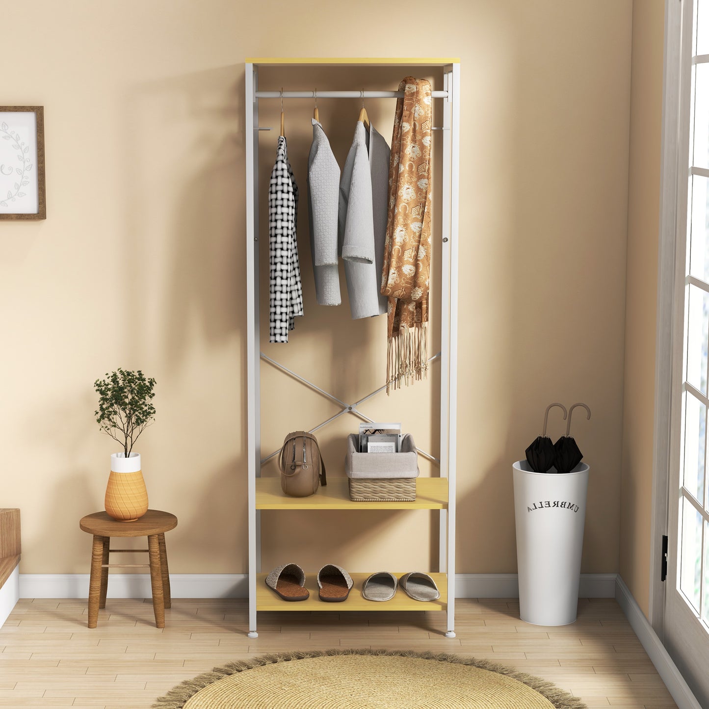 Clothes Stand 2 in 1  with 2-Tier Shelf, Steel and Chipboard, 60x40x167.5 cm