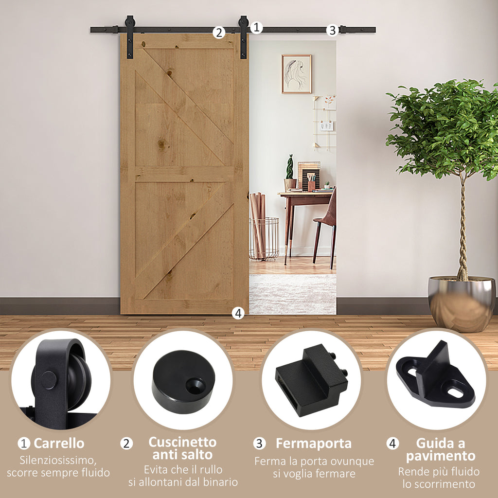 200cm Sliding Door Track Accessory Kit with Track and Rollers, Rustic Style, 90kg Load Capacity, Black Carbon Steel