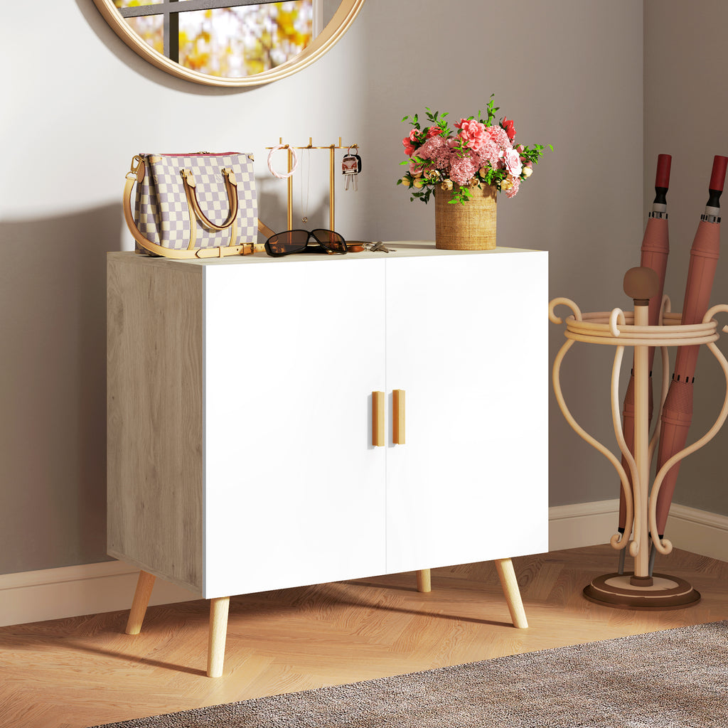 Multipurpose Cabinet with 3-Level Adjustable Shelf and Raised Base, in Wood, 76x41.2x74 cm, White and Oak